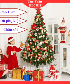 Cây Thông Noel Cao 1,5m, Chân Sắt đầy đủ Phụ Kiện Trang Trí Noel Ctb534 – Bechip