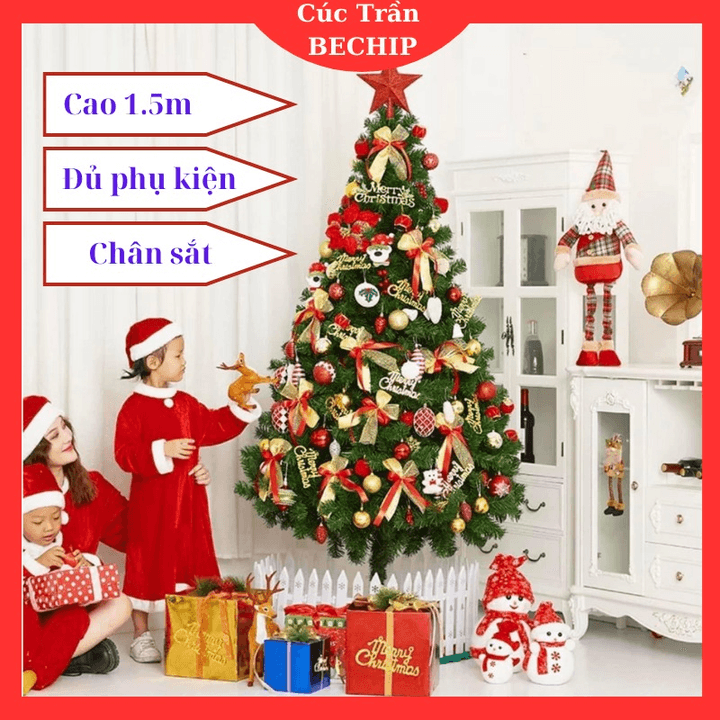 Cây Thông Noel Cao 1,5m, Chân Sắt đầy đủ Phụ Kiện Trang Trí Noel Ctb534 – Bechip