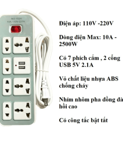 ổ Cắm điện No1524 (7 Lỗ Cắm + 2 Usb) Dây Dài 3m -su