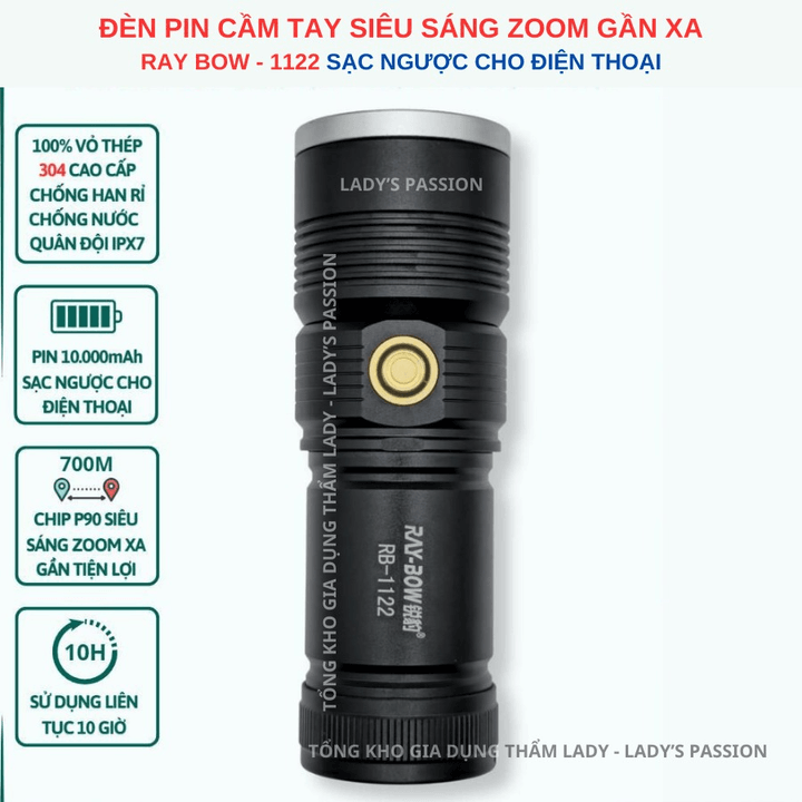 đèn Pin Cầm Tay Siêu Sáng Ray Bow 1122 Chiếu Xa 600 Mét Có Zoom Xa Gần Chống Nước Sạc Ngược Cho điện Thoại Cao Cấp Gd193 – Lady’s Passion