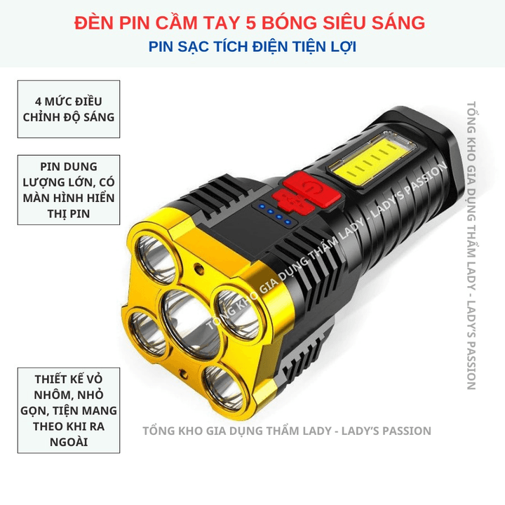 đèn Pin Cầm Tay Siêu Sáng 5 Bóng Chắc Chắn Chế độ Loại Sáng Cao Cấp Gd194 – Lady’s Passion