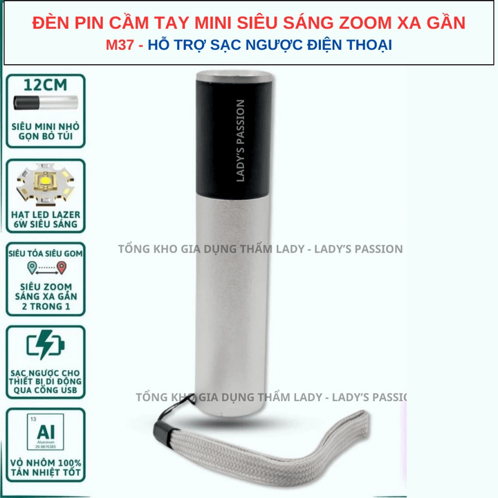 đèn Pin Cầm Tay Mini M37 Siêu Sáng Zoom Xa Gần Hỗ Trợ Sạc Ngược Cho điện Thoại Gd198 – Lady’s Passion