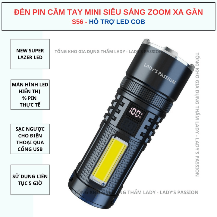 đèn Pin Cầm Tay S56 Chiếu Xa 500 Mét Có Zoom Xa Gần Chống Nước Sạc Ngược Cho điện Thoại Gd199 – Lady’s Passion