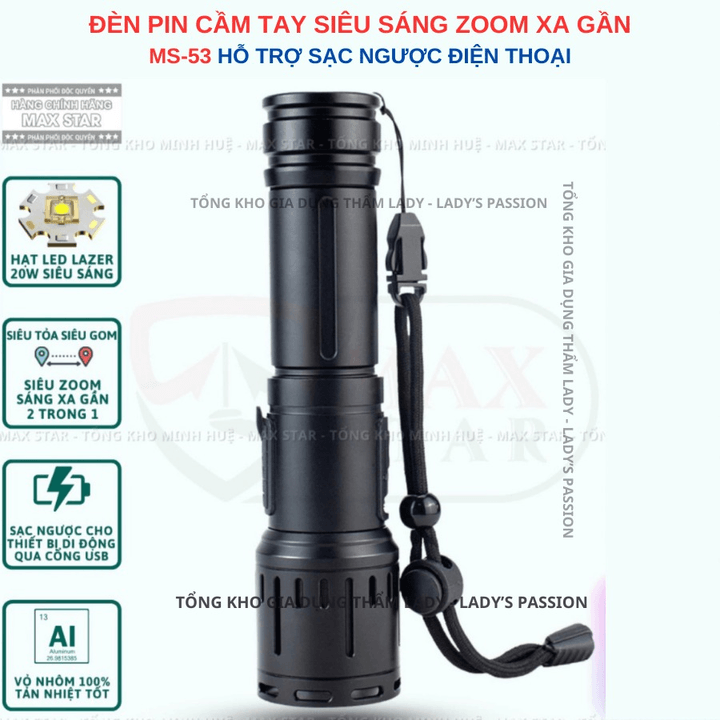 đèn Pin Cầm Tay Ms53 Siêu Sáng Zoom Xa Gần Tích Hợp Sạc Ngược Cho điện Thoại Chống Nước Ipx5 Gd201 – Lady’s Passion