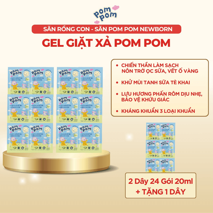 [combo 2 Dây] Gel Giặt Xả Newborn Dành Cho Bé Sơ Sinh (0 – 12 Tháng) 24 Gói 20ml – Pom Pom