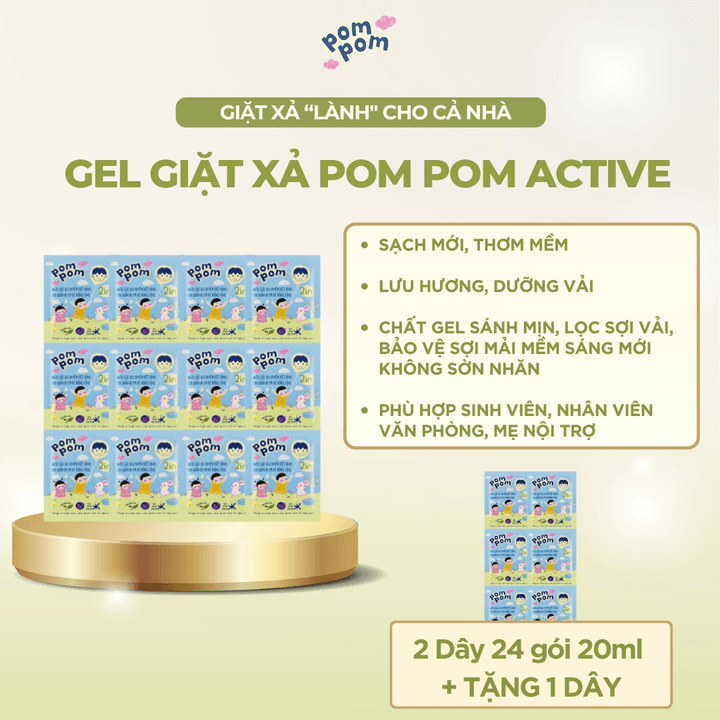 [combo 2 Dây] Gel Giặt Xả 2in1″lành” Cho Bé (12-36 Tháng) Và Cả Nhà Pompom Active- 24 Gói Dùng Thử 20ml