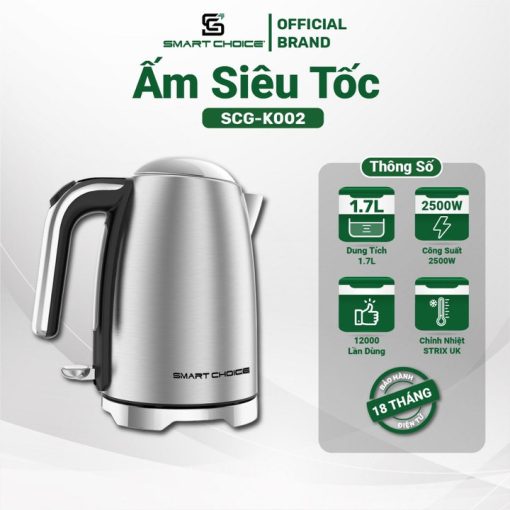 ấm Siêu Tốc Inox 304 1.7l Smartchoice Scg-k002 Bộ Chỉnh Nhiệt Strix Uk Chịu Nhiệt Tốt- Smartchoice