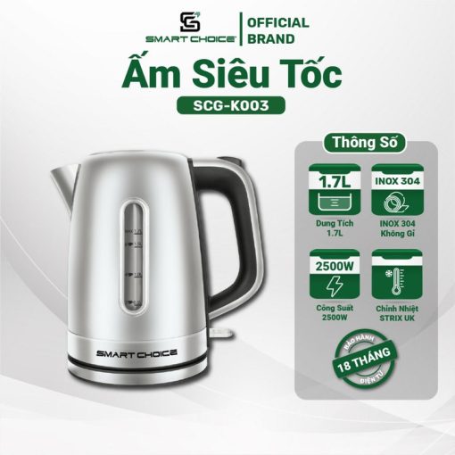 ấm Siêu Tốc Smartchoice Scg-k003 1.7l Inox 304 Bộ Chỉnh Nhiệt Strix đun Sôi Nhanh- Smartchoice