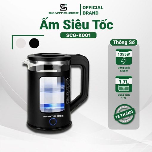 ấm Siêu Tốc đun Nước Thủy Tinh Chịu Nhiệt Tốt 1.7l Smartchoice Scg-k001