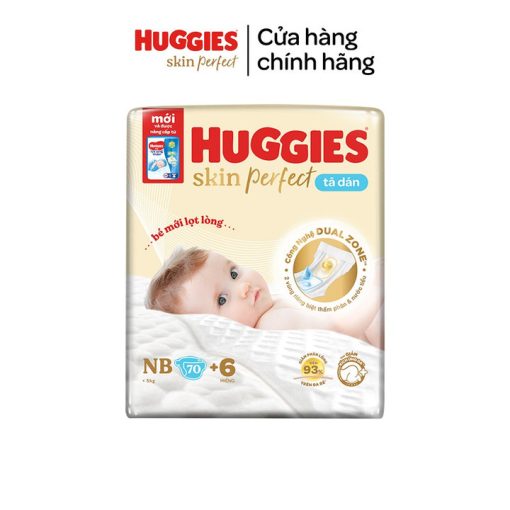 Tã/bỉm Dán Sơ Sinh Huggies Skin Perfect Miếng Với 2 Vùng Thấm Giảm Kích ứng Da Nb 70+6/s 54+6/ S 80+2