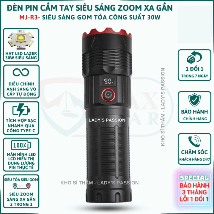 đèn Pin Cầm Tay Siêu Sáng Mj R3 Zoom Sáng Soi Gom Tỏa Xa Gần Pin Trâu Chống Nước Vỏ Nhôm Chất Lượng Cao Gd223 – Lady’s Passion