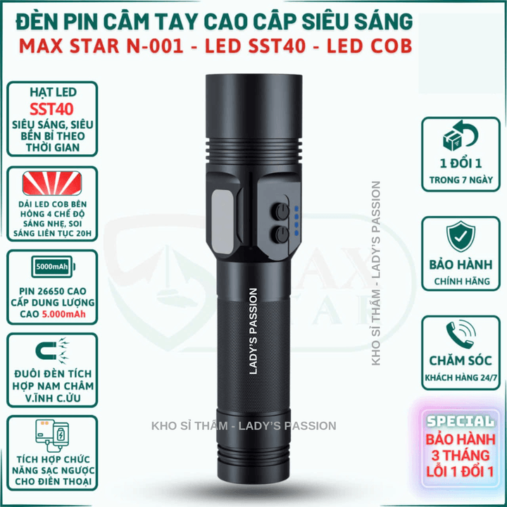 đèn Pin Cầm Tay Siêu Sáng Cao Cấp Max Star N001 Led Sst40 Chính Hãng Pin Trâu Sạc Ngược Chân Cáp Sạc Nhanh Typec Gd225 – Lady’s Passion