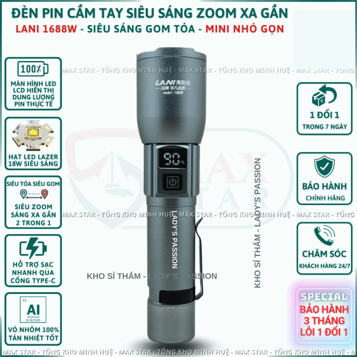 đèn Pin Cầm Tay Siêu Sáng Mini Lani 1688w Zoom Sáng Xa Gần Hiển Thị Phần Trăm Pin Pin Trâu Chống Nước Vỏ Nhôm Cao Cấp Gd232 – Lady’s Passion