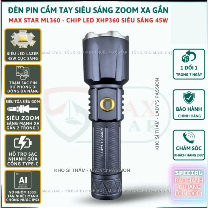 đèn Pin Cầm Tay Siêu Sáng Maxstar Ml360 Chip Led Xhp360 Siêu Sáng Mạnh 45w Zoom Xa Gần Sạc Ngược Cho điện Thoại Gd237 – Lady’s Passion