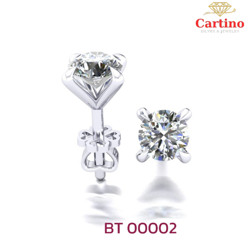 Bông tai Bạc xi Bạch Kim, 4 chấu đính Kim cương MOISSANITE 6.3ly tài lộc- BT 00002