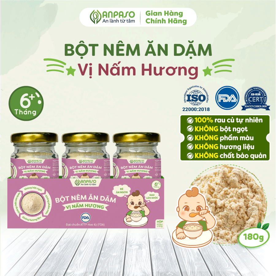 Set bột nêm ăn dặm Anpaso 180g Vị nấm hương (gồm 03 lọ 60g)