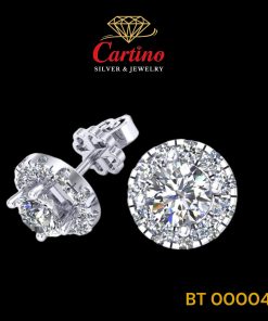 Bông tai Bạc xi kim, mẫu Halo tròn đính Kim cương MOISSANITE 6.3ly – BT 00004