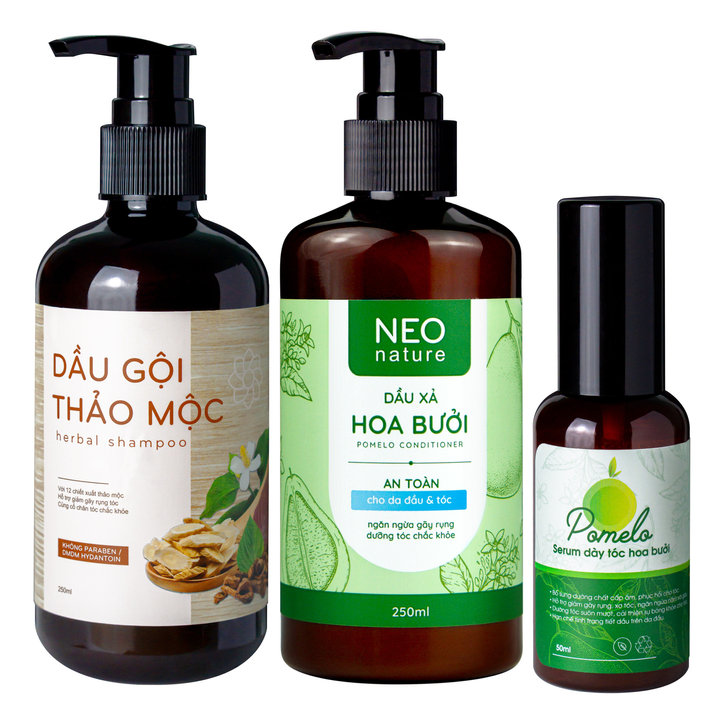 Bộ Ba (dg Thảo Mộc + Xả Bưởi + Serum Bưởi) Giảm Gàu Ngứa & Gãy Rụng Gồm Dầu Gội Thảo Mộc (250ml) & Dầu Xả Hoa Bưởi Neo Nature (250ml) & Serum Hoa Bưởi 50ml- Neonature