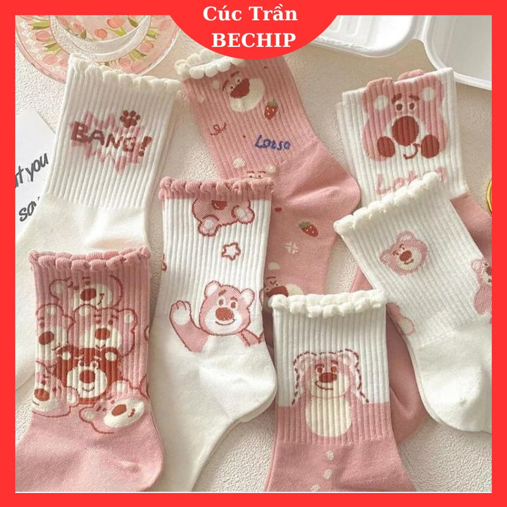 Combo 5, 10 đôi Tất Vớ Nữ Cổ Cao Họa Tiết Gấu Hồng Dễ Thương Ctb499 – Bechip