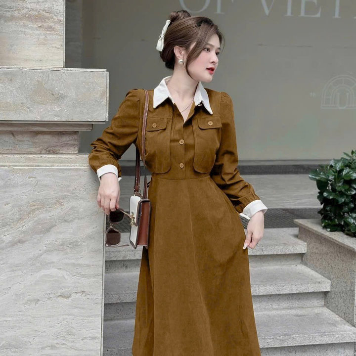 đầm Váy Xòe Cổ Sơ Mi Rút Dây Eo Phối Cổ Và Tay Sh958- Sam Store