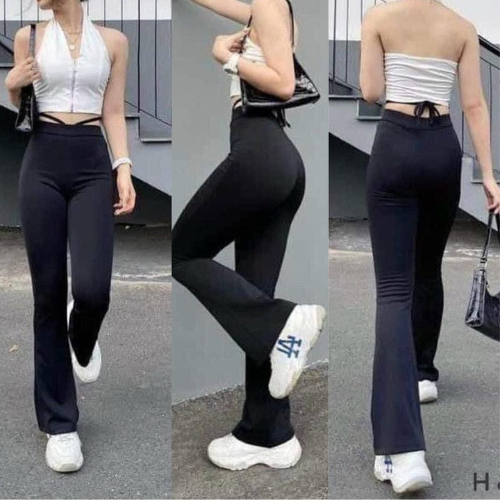 Quần ống Loe Cạp Cao Lưng Thun Co Giãn Nữ