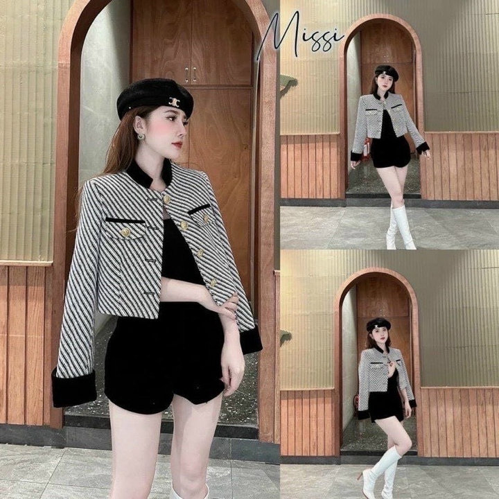 áo Khoác Dạ Tweed Kẻ Sọc Tay Nhung Cúc đồng Ad480 – ánh Dương