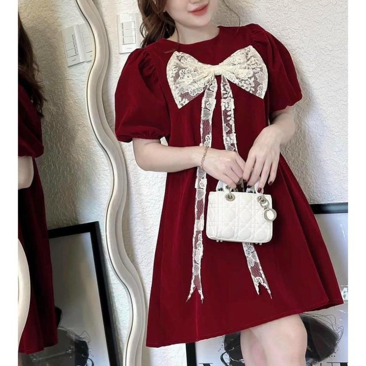đầm Nhung Babydoll Phối Nơ Ren Bh856 – Nana House