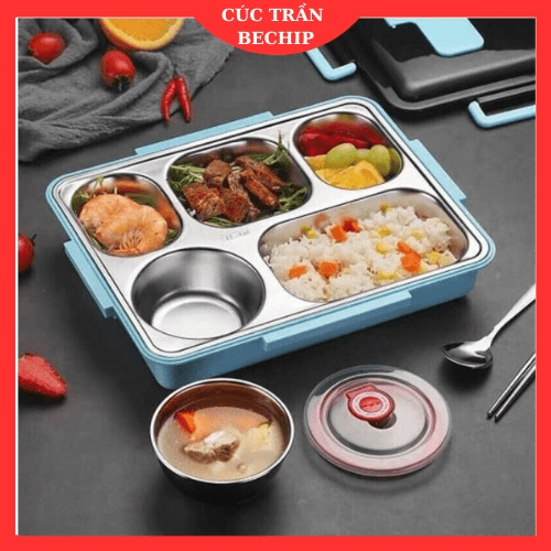 Hộp Cơm Văn Phòng 5 Ngăn Giữ Nhiệt Lõi Inox 304 Tặng Kèm Muỗng, đũa, Có Khay để điện Thoại Lunch Box Ctb580 – Bechip