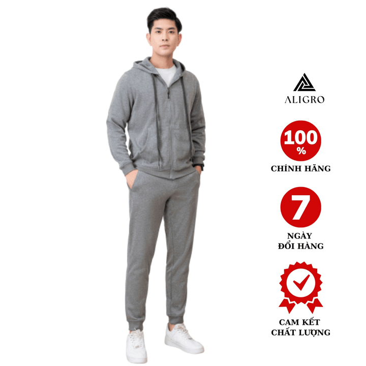 Bộ Nỉ Kéo Khóa Aligro Có Mũ Màu Ghi Nhạt Bn.18 – Aligro