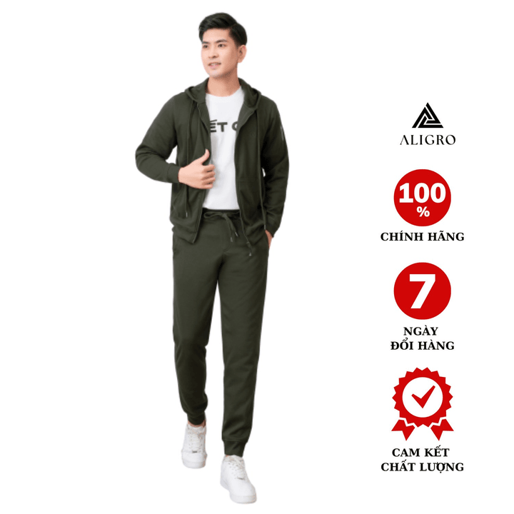 Bộ Nỉ Hoddie Aligro Kéo Khóa Có Mũ Màu Xanh Rêu Bn.16 – Aligro
