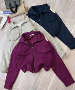 áo Khoác Nỉ Croptop Cổ Bẻ Phối Sọc Vai Siêu Xinh – Kim
