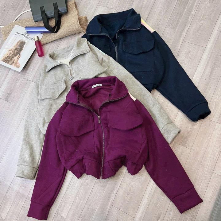 áo Khoác Nỉ Croptop Cổ Bẻ Phối Sọc Vai Siêu Xinh – Kim