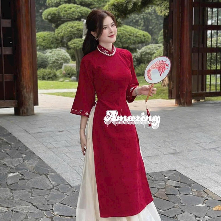 Set áo Dài Cách Tân Nhung Cổ Tay Thêu Hoa Phối Chân Váy Tơ Sh1309- Sam Store