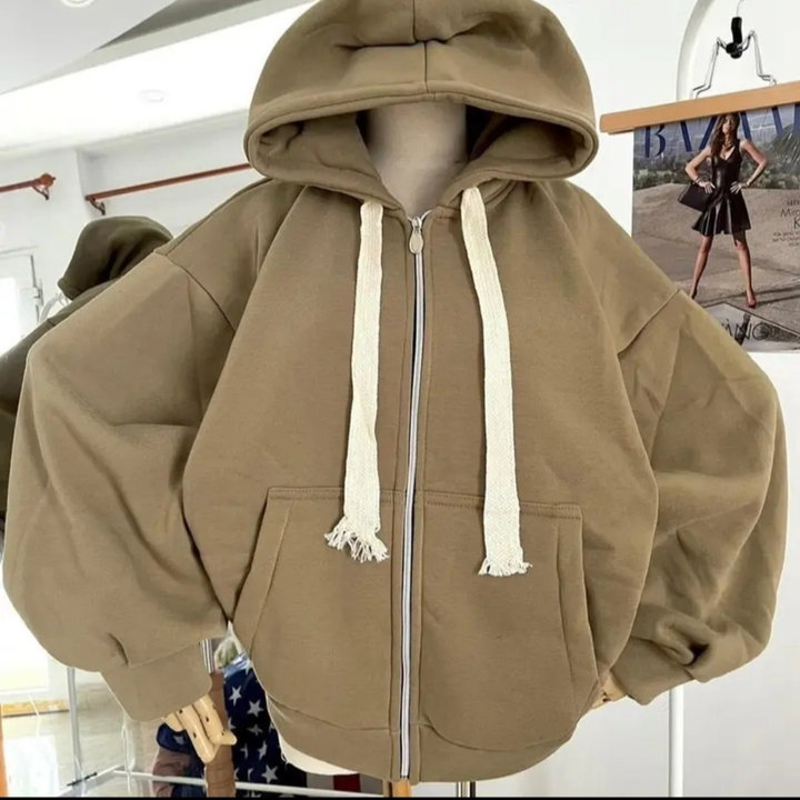 áo Khoác Nỉ Chống Nắng Dáng Ngắn Croptop Trơn Mũ 2 Lớp