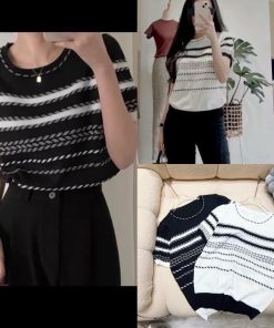 áo Len Cộc Tay Cổ Tròn In Họa Tiết Xương Cá Trẻ Trung, Năng động Dành Cho Bạn Nữ – Chipxinhxk