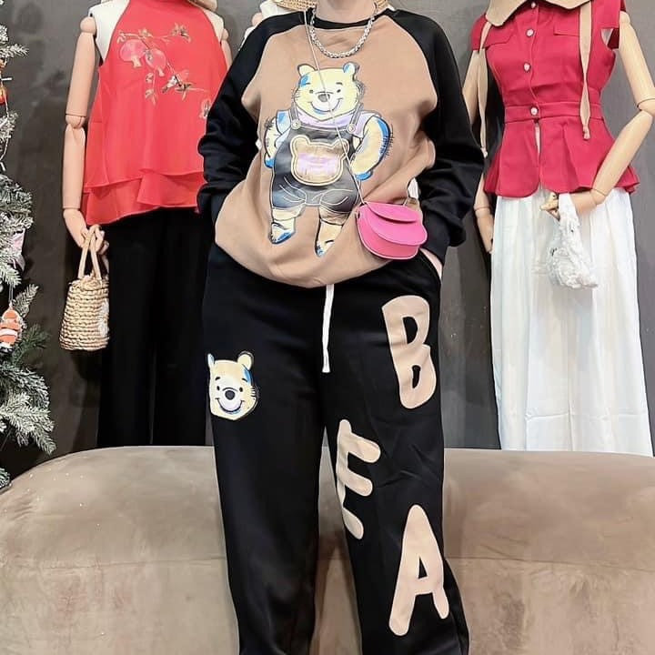 Bộ đồ Thun Nữ Nỉ Vải Co Dãn Cotton In Hình Chú Gấu Thời Trang – Htm Fashion