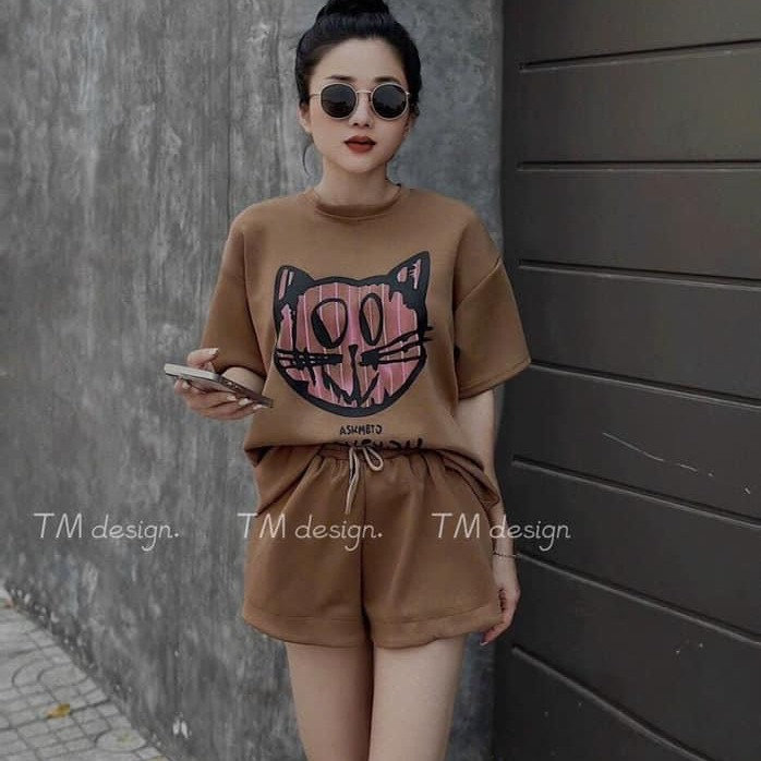 Bộ đồ Thun Nữ đùi Ngắn Co Dãn Cotton In Hình Chú Mặt Mèo Siêu Cutee – Htm Fashion