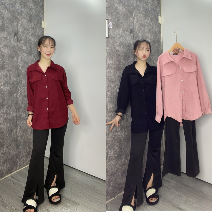 Bộ Nữ Quần Sét Legging ống Loe Xẻ Tà +mix Kèm áo Sơ Mi Nhung Tăm