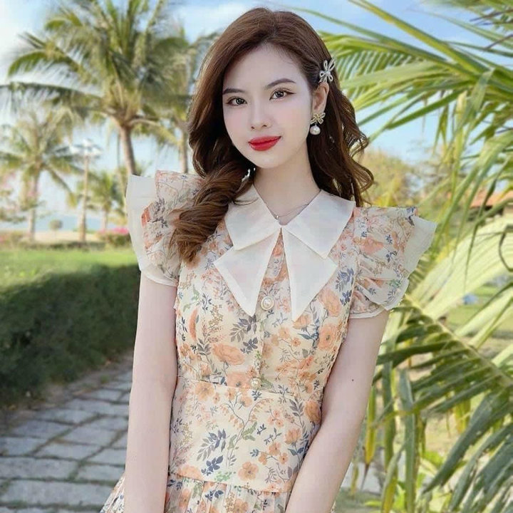 đầm Váy Nữ Voan Hoa Dập Ly Phối Cổ Tay Cánh Tiên Sh1207- Sam Store