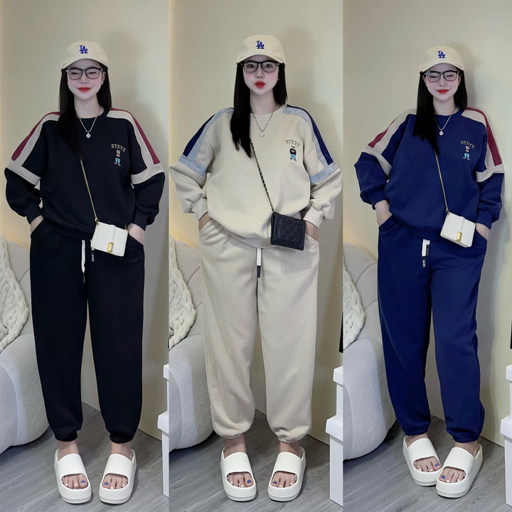 Set Bộ đồ Thun Nỉ Nữ Có In Hình Chú Gấu Steye Phối Viền Sọc Tay Siêu đẹp – Htm Fashion