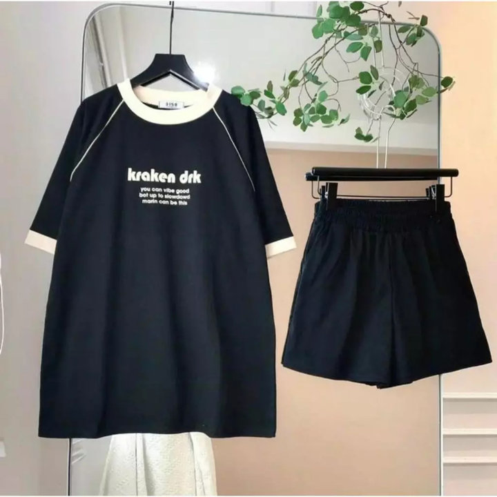 Bộ đồ Nữ Thể Thao 3158 Chữ Thêu Viền áo Phông Krakera Drk + Quần đùi Cộc Tăm Li