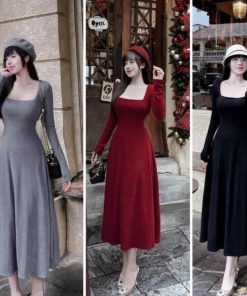 đầm Váy Nữ Maxi Thun Tăm Lạnh Tay Dài Cổ Vuông St723- Sam Store