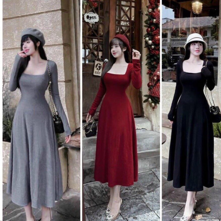 đầm Váy Nữ Maxi Thun Tăm Lạnh Tay Dài Cổ Vuông St723- Sam Store