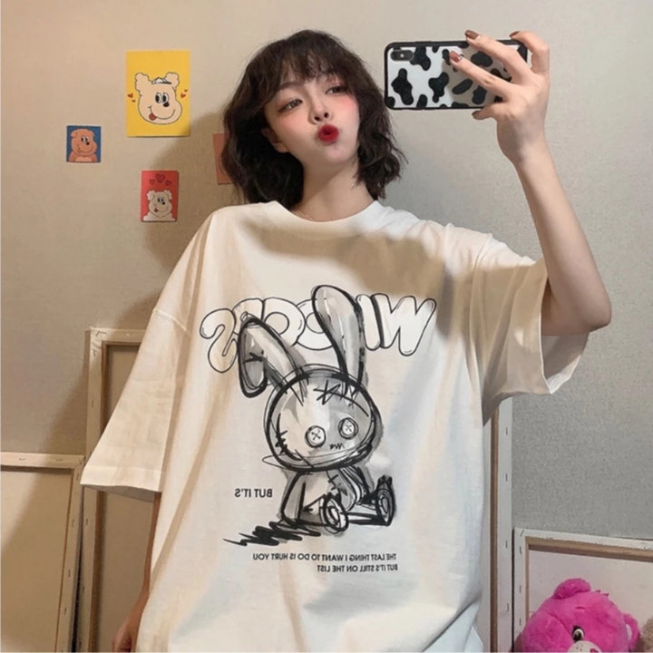 áo Phông Form Rộng Tay Lỡ Unisex Hình Con Thỏ