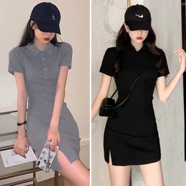 Váy Body Cổ Polo Xẻ Trước Chất Thun Gân Tăm Gu623- Sam Store