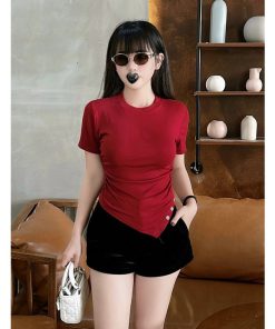 áo Thun Gân Tăm Lạnh Dán Nút Tà Chéo – Lê Phương Boutique