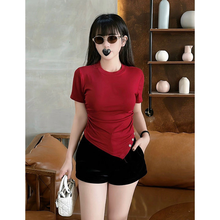 áo Thun Gân Tăm Lạnh Dán Nút Tà Chéo – Lê Phương Boutique