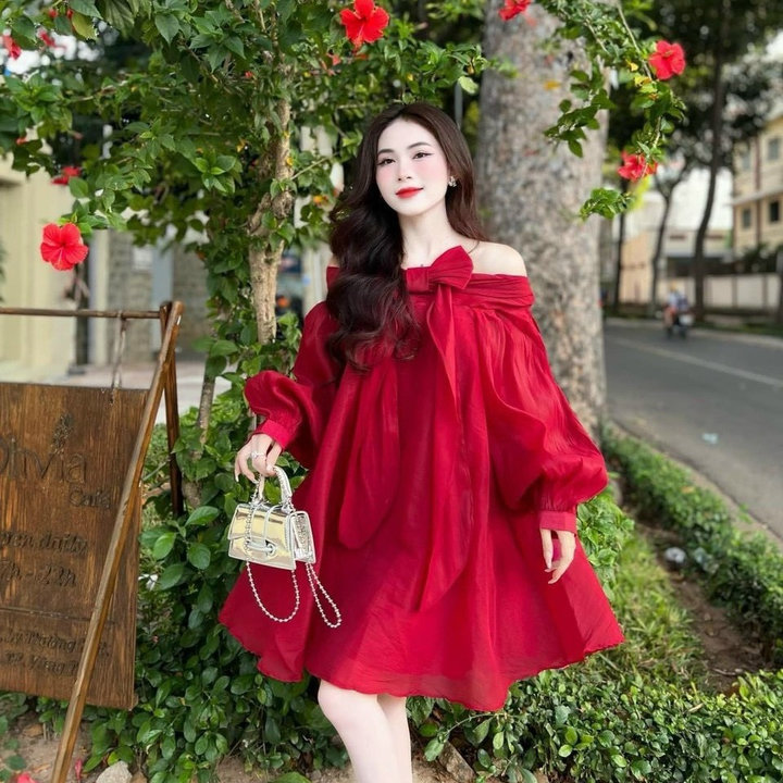 đầm Váy Nữ Babydoll Tơ Nến Rớt Vai Tay Dài Bh853- Nana House
