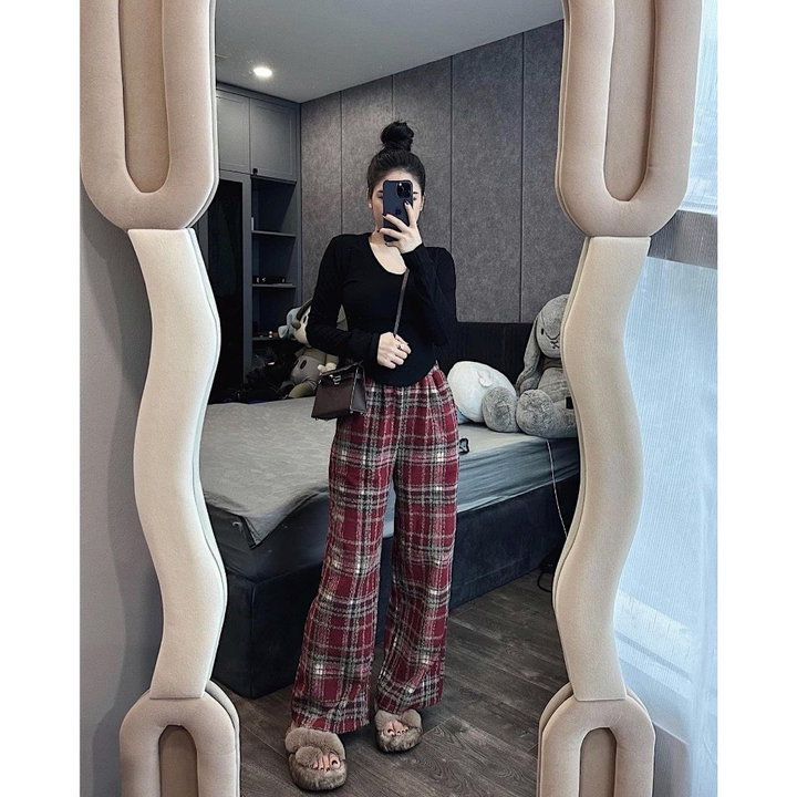 Set Bộ áo đuôi Tôm Mix Quần Kẻ Caro áo Chất Tăm Nhung Lông- Quần Chất Dạ Lông