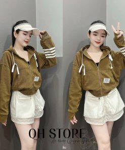 áo Khoác Nhung Tăm Nữ Dáng Lửng Trơn Thêu 4 Sọc Tay Chất Vải Nhung Dày Thời Trang – Htm Fashion